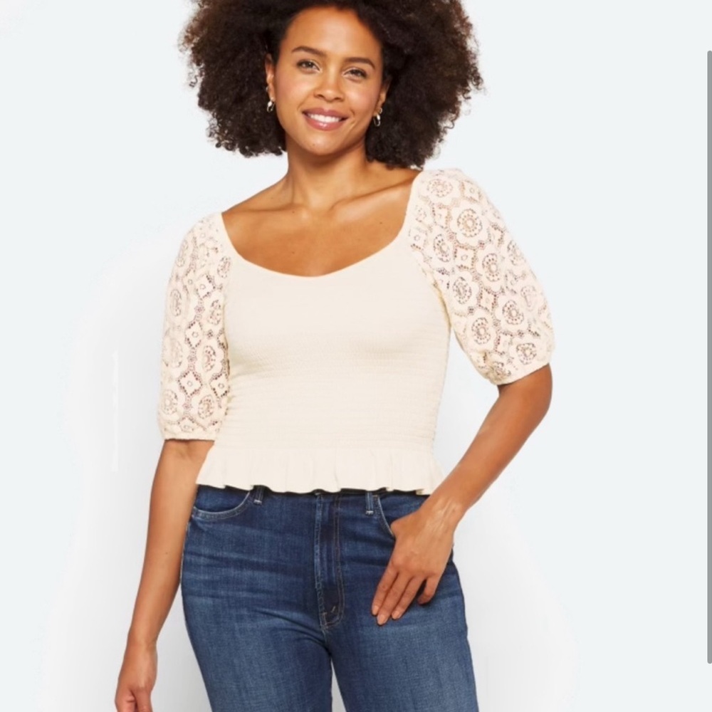 Mason & Belle Smocked Crochet Cap Sleeve Peplum Ruffle Hem Top in Ivory, Large - Picture 3 of 10